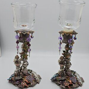 Vintage Kirks Folly Silver Enamel Jeweled Forget Me Not Votive Candle Holder Set